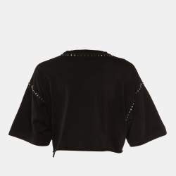 Pre Owned Miu Miu Black Logo Print Cotton Studded Front Tie Crop Top S