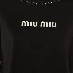 Pre Owned Miu Miu Black Logo Print Cotton Studded Front Tie Crop Top S