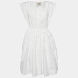 Miu Miu White Cotton Logo Pocket Detail Midi Dress XS