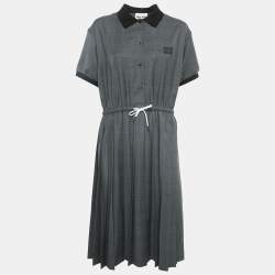 Miu Miu Grey Prince of Wales Check Wool Pleated Midi Dress M