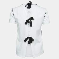 Miu Miu White Bird Print Cotton Knit Rear Tie-Up Detail Top S