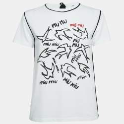 Miu Miu White Bird Print Cotton Knit Rear Tie-Up Detail Top S
