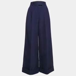 Miu Miu Blue Wool Drill Wide-Leg Pleated Trousers XS