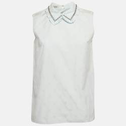 Miu Miu Blue Embroidered Cotton Ruffled Collar Sleeveless Shirt S