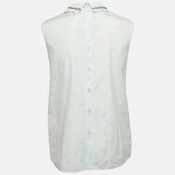 Miu Miu Blue Embroidered Cotton Ruffled Collar Sleeveless Shirt S