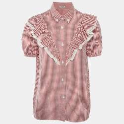 Miu Miu Red/White Cotton Gingham Ruffled Button Front Blouse M
