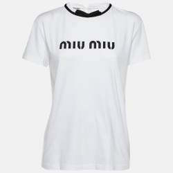 Miu Miu White Logo Print Cotton Bow Detail T-Shirt M