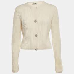 Pre Owned Miu Miu Cream Rib Knit Closure Detail Cardigan S
