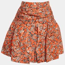 Pre Owned Miu Miu Orange Printed Silk Pleated Mini Skirt S