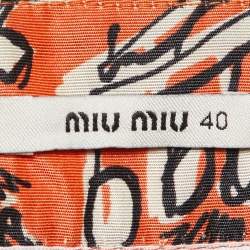 Pre Owned Miu Miu Orange Printed Silk Pleated Mini Skirt S