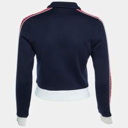 Pre Owned Miu Miu Navy Blue Cotton Blend Logo Tape Knit Zip Up Jacket M