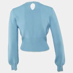 Pre Owned Miu Miu Blue Knit Intarsia Logo Detail Long Sleeve Top S