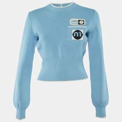 Pre Owned Miu Miu Blue Knit Intarsia Logo Detail Long Sleeve Top S