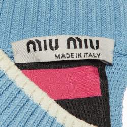 Pre Owned Miu Miu Blue Knit Intarsia Logo Detail Long Sleeve Top S