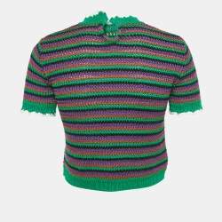Pre Owned Miu Miu Multicolor Stripe Crochet Knit Short Sleeve Sweater S