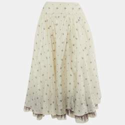 Pre Owned Miu Miu White Floral Print Silk Midi Skirt XL