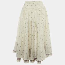 Pre Owned Miu Miu White Floral Print Silk Midi Skirt XL