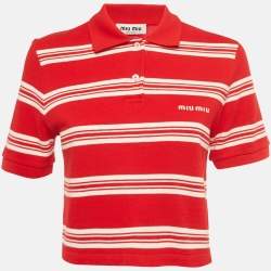 Pre Owned Miu Miu Red Stiped Cotton Knit Cropped Polo T-shirt S