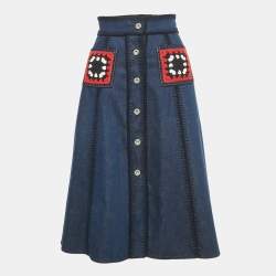 Pre Owned Miu Miu Blue Crochet Pocket Denim Midi Skirt XS