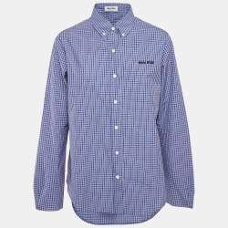 Pre Owned Miu Miu Blue Checked Cotton Logo Embroidered Shirt M