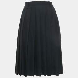 Pre Owned Miu Miu Blue Logo Applique Wool Pleated Knee Length Skirt M