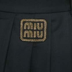 Pre Owned Miu Miu Blue Logo Applique Wool Pleated Knee Length Skirt M