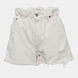Pre Owned Miu Miu Off-White Denim Elastic Waist Distressed Shorts S