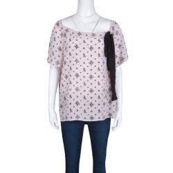 Pre Owned Miu Miu Blush Pink Floral Print Neck Tie Detail Short Sleeve Top M