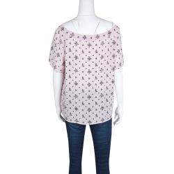 Pre Owned Miu Miu Blush Pink Floral Print Neck Tie Detail Short Sleeve Top M