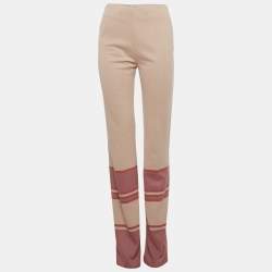 Pre Owned بنطلون ميو ميو بيج مخطط خليط الصوف أرجل واسعة مقاس صغير