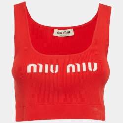 Pre Owned Miu Miu Red Logo Intarsia Rib Knit Crop Tank Top M