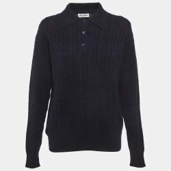 Pre Owned Miu Miu Blue Cable Knit Long Sleeve Polo T-Shirt S