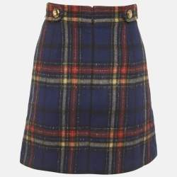 مملوكة مسبقًا Miu Miu Navy Blue/Red Plaid Wool Mini Skirt XS