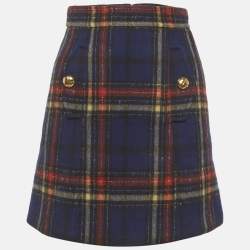 مملوكة مسبقًا Miu Miu Navy Blue/Red Plaid Wool Mini Skirt XS
