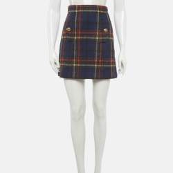 مملوكة مسبقًا Miu Miu Navy Blue/Red Plaid Wool Mini Skirt XS