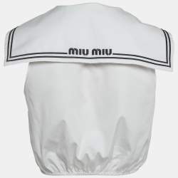 Pre Owned Miu Miu White Cotton Logo Embroidered Sailor Collar T-Shirt S