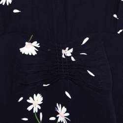 Miu Miu Navy Blue Floral Printed Ruched Waist Detail Long Sleeve Dress M