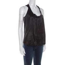 Pre Owned Miu Miu Black Satin Silk Pleat Front Sleeveless Blouse S