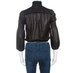 Miu Miu Black Leather Smocked Bomber Jacket S
