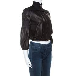 Miu Miu Black Leather Smocked Bomber Jacket S