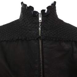 Miu Miu Black Leather Smocked Bomber Jacket S