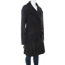 Pre Owned Miu Miu Grey Wool Buckle Detail Pleated Coat L