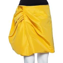 Miu Miu Yellow Silk Gathered Detail Asymmetrical Mini Skirt S 