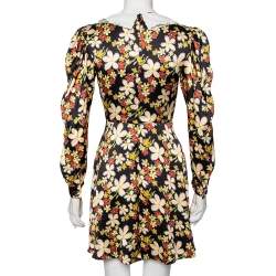 Pre Owned Miu Miu Black Floral Printed Satin Sable Gathered Mini Dress S