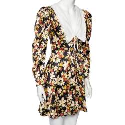 Pre Owned Miu Miu Black Floral Printed Satin Sable Gathered Mini Dress S