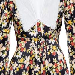 Pre Owned Miu Miu Black Floral Printed Satin Sable Gathered Mini Dress S