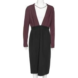 Miu Miu Black-Burgundy Textured Wool Plunge Neck Midi Dress L