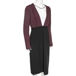 Miu Miu Black-Burgundy Textured Wool Plunge Neck Midi Dress L