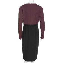 Miu Miu Black-Burgundy Textured Wool Plunge Neck Midi Dress L