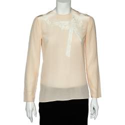 Pre Owned Miu Miu Cream Silk Bow Lace Detail Long Sleeve Blouse S